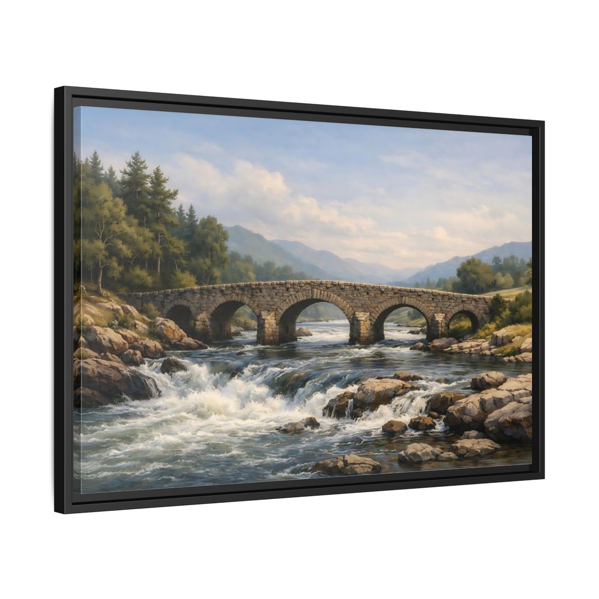 Side Mockup 14. Nature Stone Bridge Green Blue Landscape shown as stretched canvas wall art