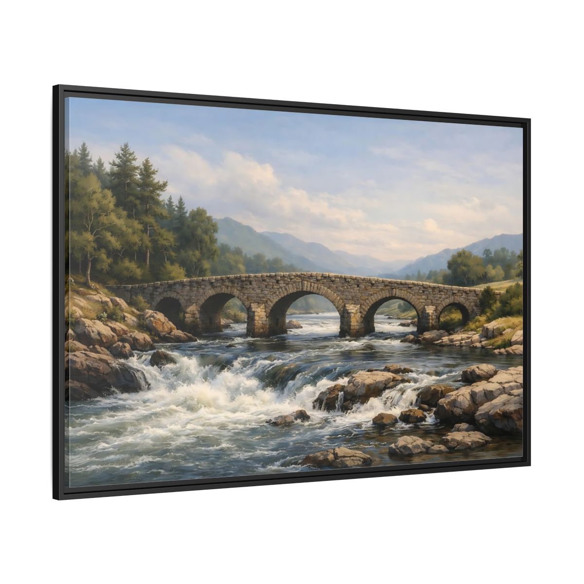 Side Mockup 12. Nature Stone Bridge Green Blue Landscape shown as stretched canvas wall art