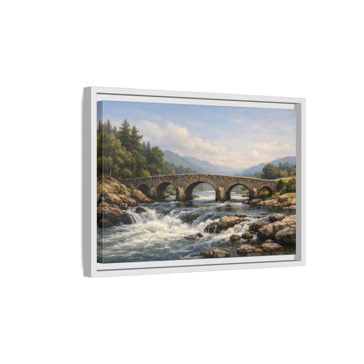 Side Mockup 4. Nature Stone Bridge Green Blue Landscape shown as stretched canvas wall art