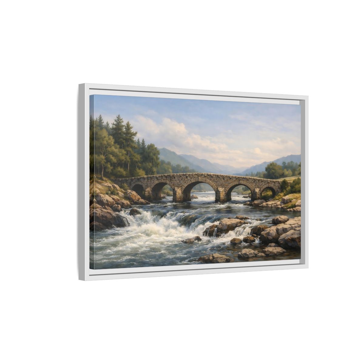 Side Mockup 1. Nature Stone Bridge Green Blue Landscape shown as stretched canvas wall art