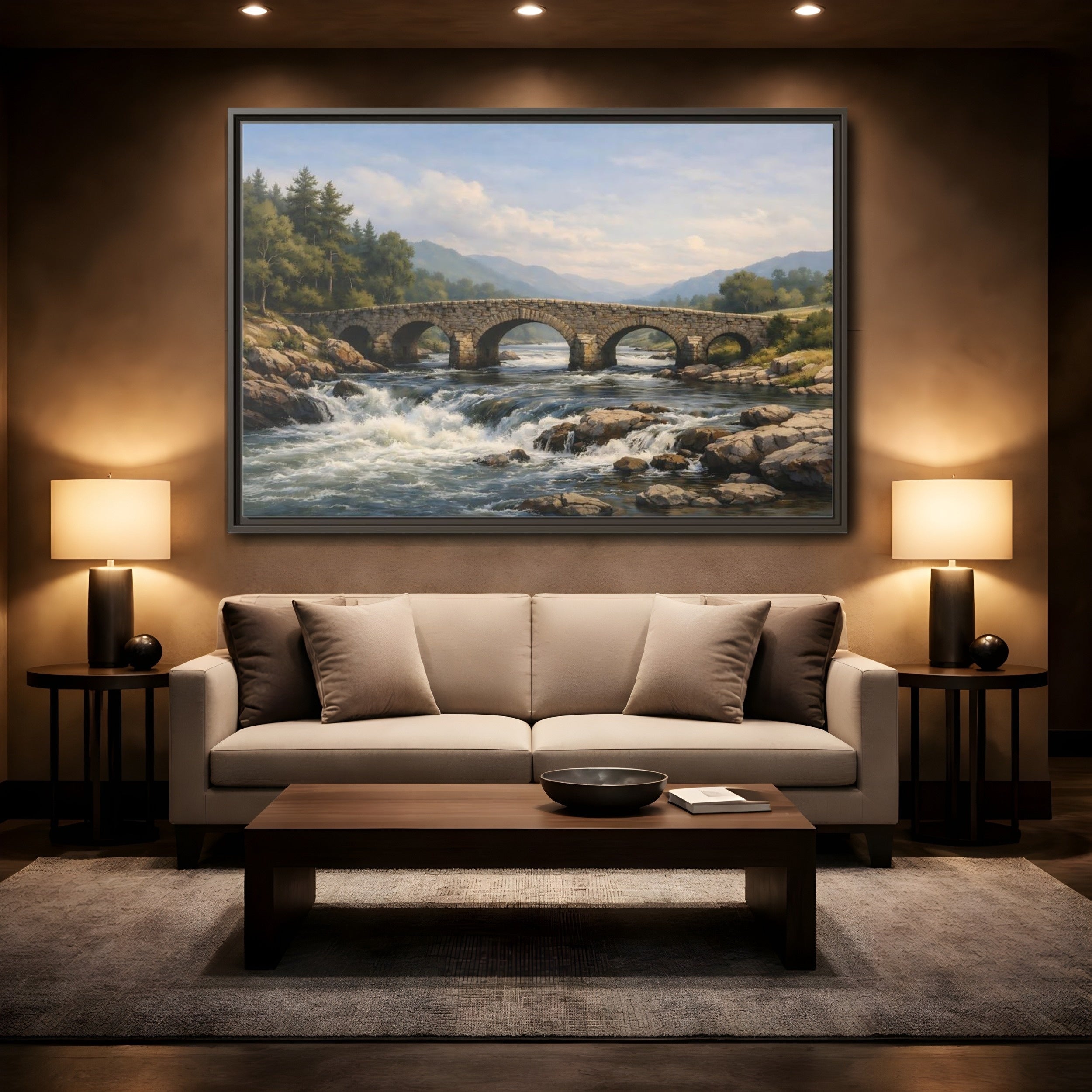 Mockup 2. Nature Stone Bridge Green Blue Landscape shown as stretched canvas wall art