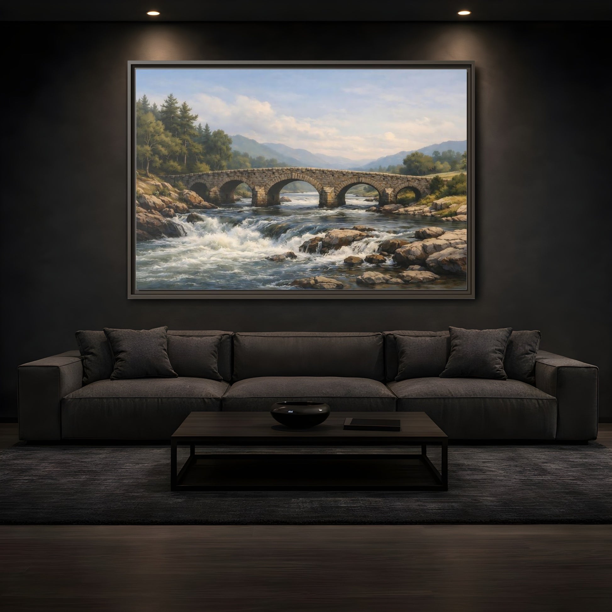 Mockup 3. Nature Stone Bridge Green Blue Landscape shown as stretched canvas wall art