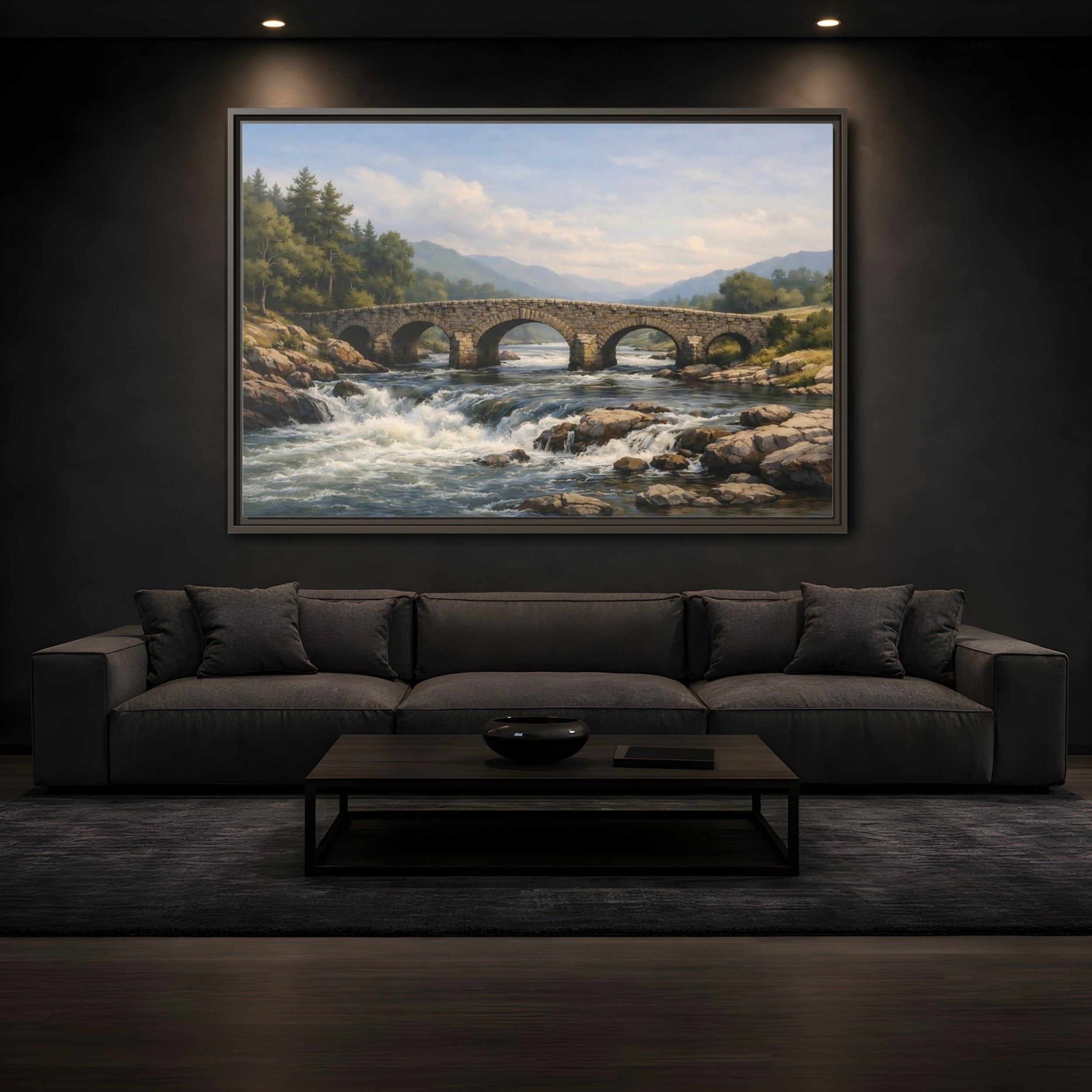 Mockup 3. Nature Stone Bridge Green Blue Landscape shown as stretched canvas wall art