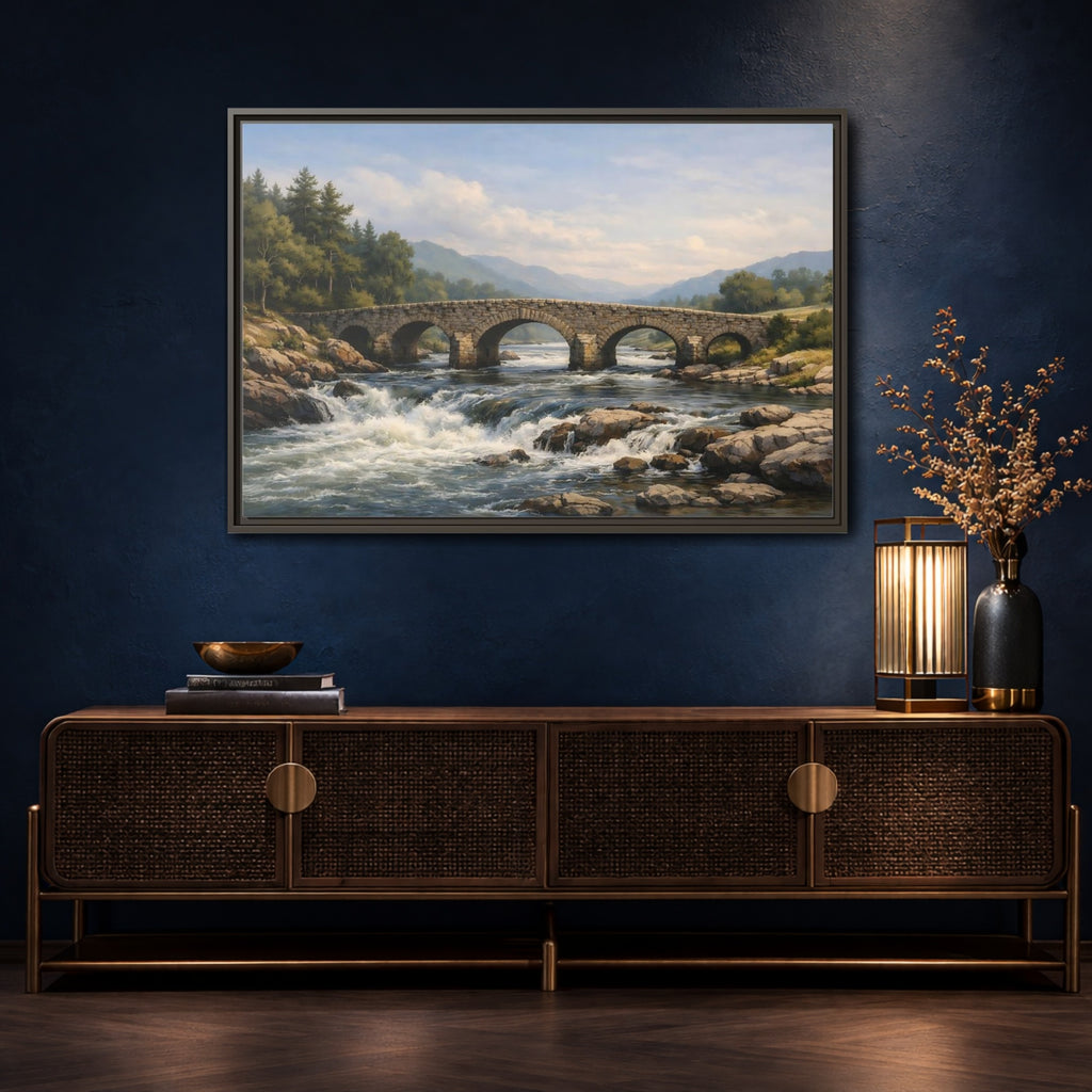Mockup 4. Nature Stone Bridge Green Blue Landscape shown as stretched canvas wall art