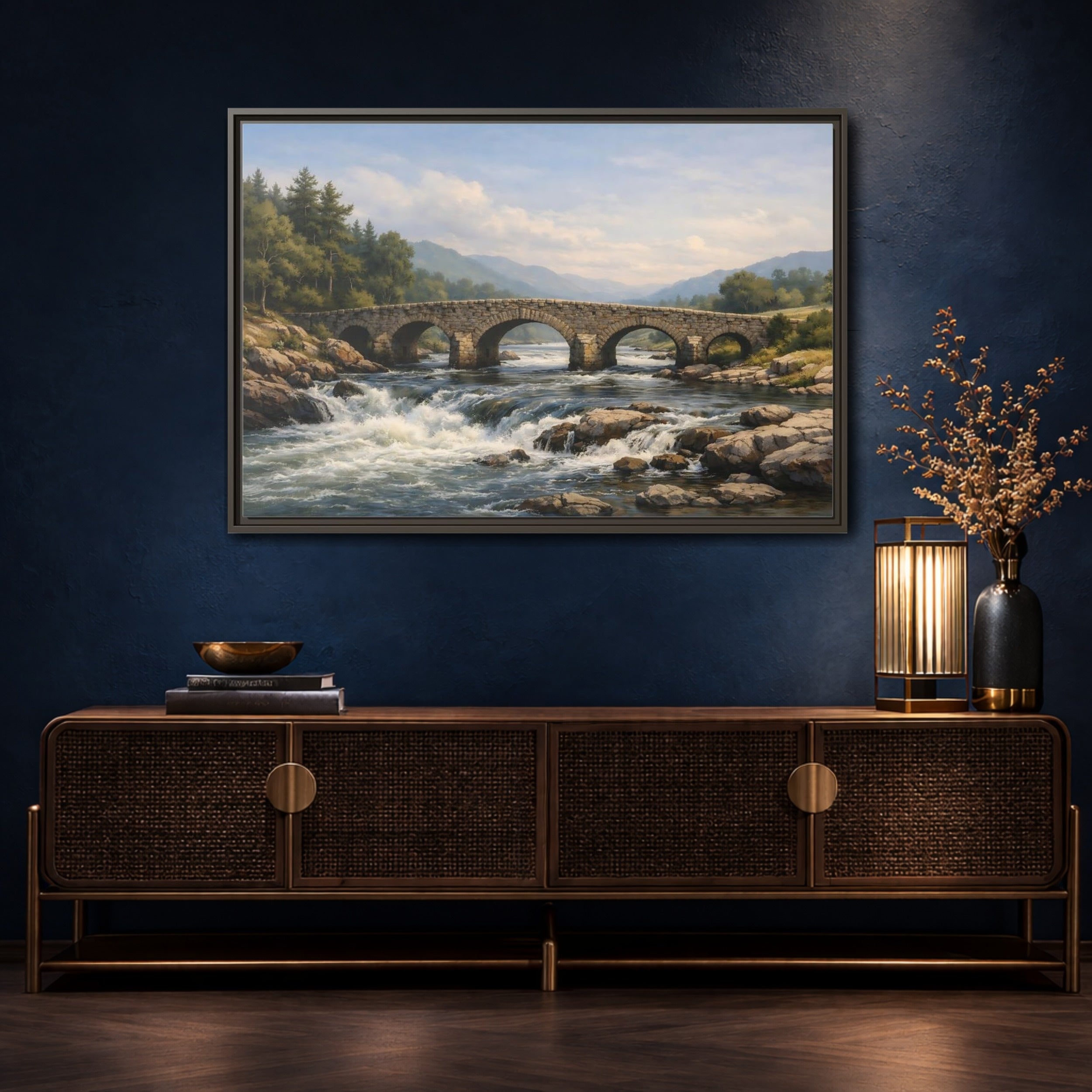 Mockup 4. Nature Stone Bridge Green Blue Landscape shown as stretched canvas wall art