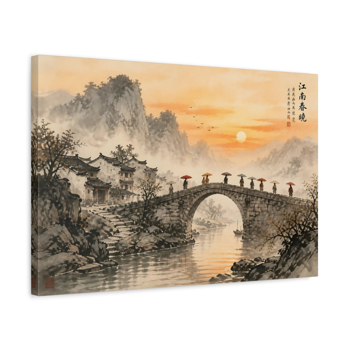 Side Mockup 3. Nature Stone Bridge Orange Grey Landscape shown as stretched canvas wall art