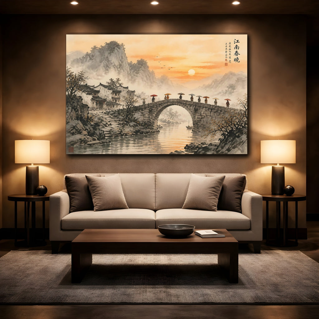 Mockup 2. Nature Stone Bridge Orange Grey Landscape shown as stretched canvas wall art