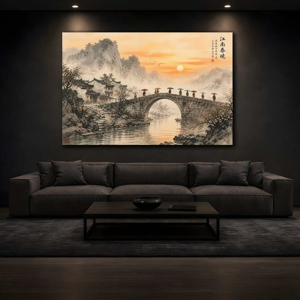 Mockup 3. Nature Stone Bridge Orange Grey Landscape shown as stretched canvas wall art