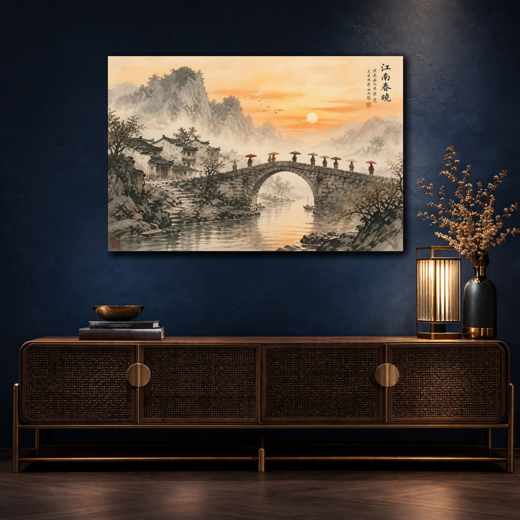 Mockup 4. Nature Stone Bridge Orange Grey Landscape shown as stretched canvas wall art