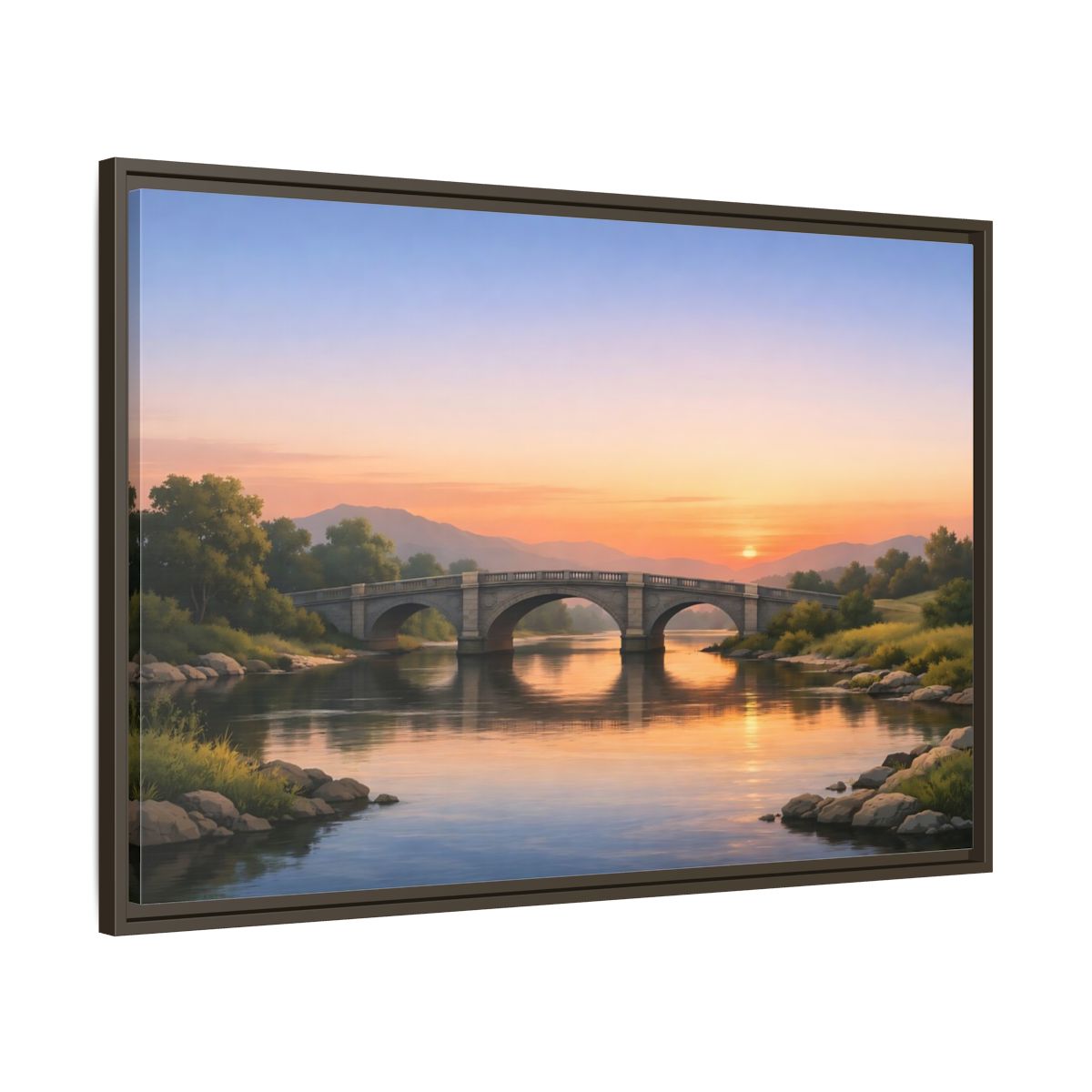 Main Mockup. Nature Stone Bridge Sunset Bridge River shown as stretched canvas wall art