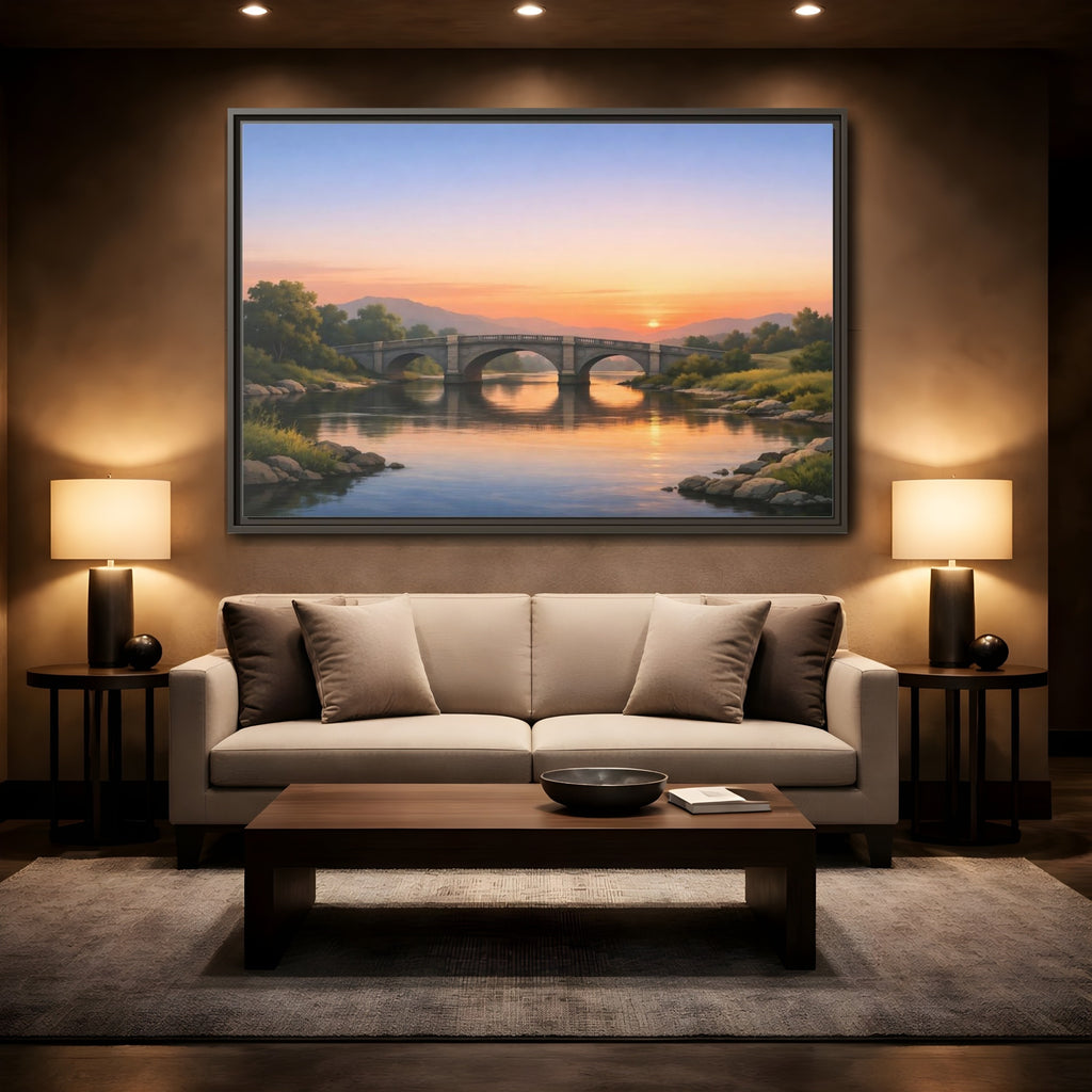 Mockup 2. Nature Stone Bridge Sunset Bridge River shown as stretched canvas wall art