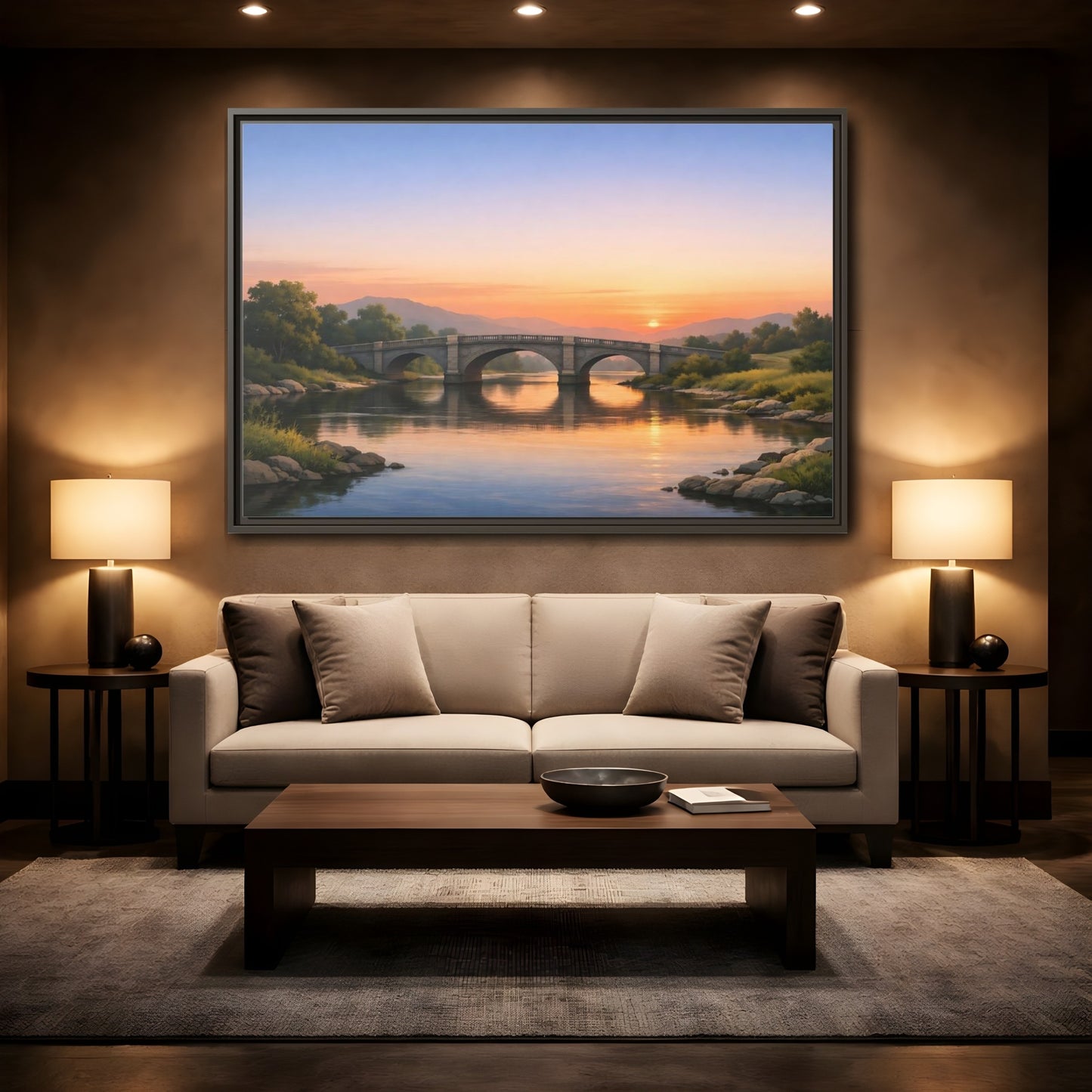 Mockup 2. Nature Stone Bridge Sunset Bridge River shown as stretched canvas wall art