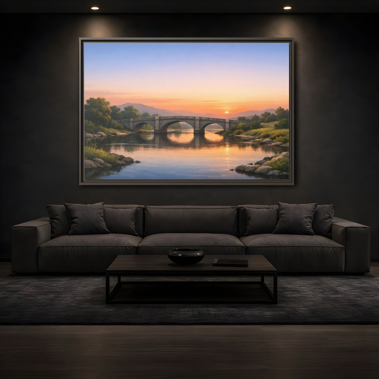 Mockup 3. Nature Stone Bridge Sunset Bridge River shown as stretched canvas wall art