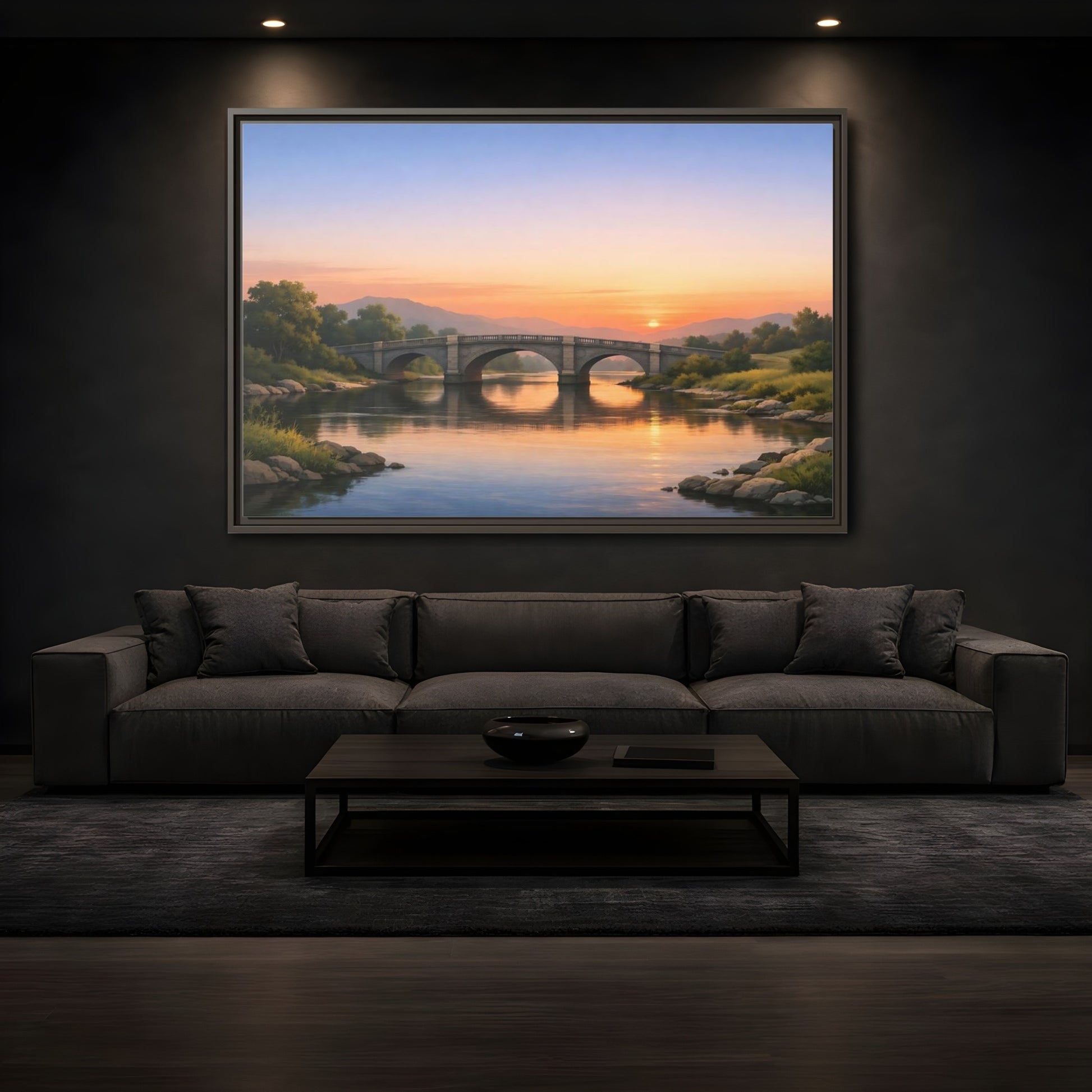 Mockup 3. Nature Stone Bridge Sunset Bridge River shown as stretched canvas wall art