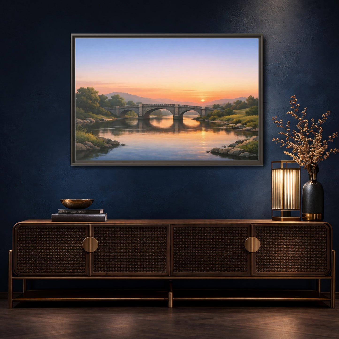 Mockup 4. Nature Stone Bridge Sunset Bridge River shown as stretched canvas wall art