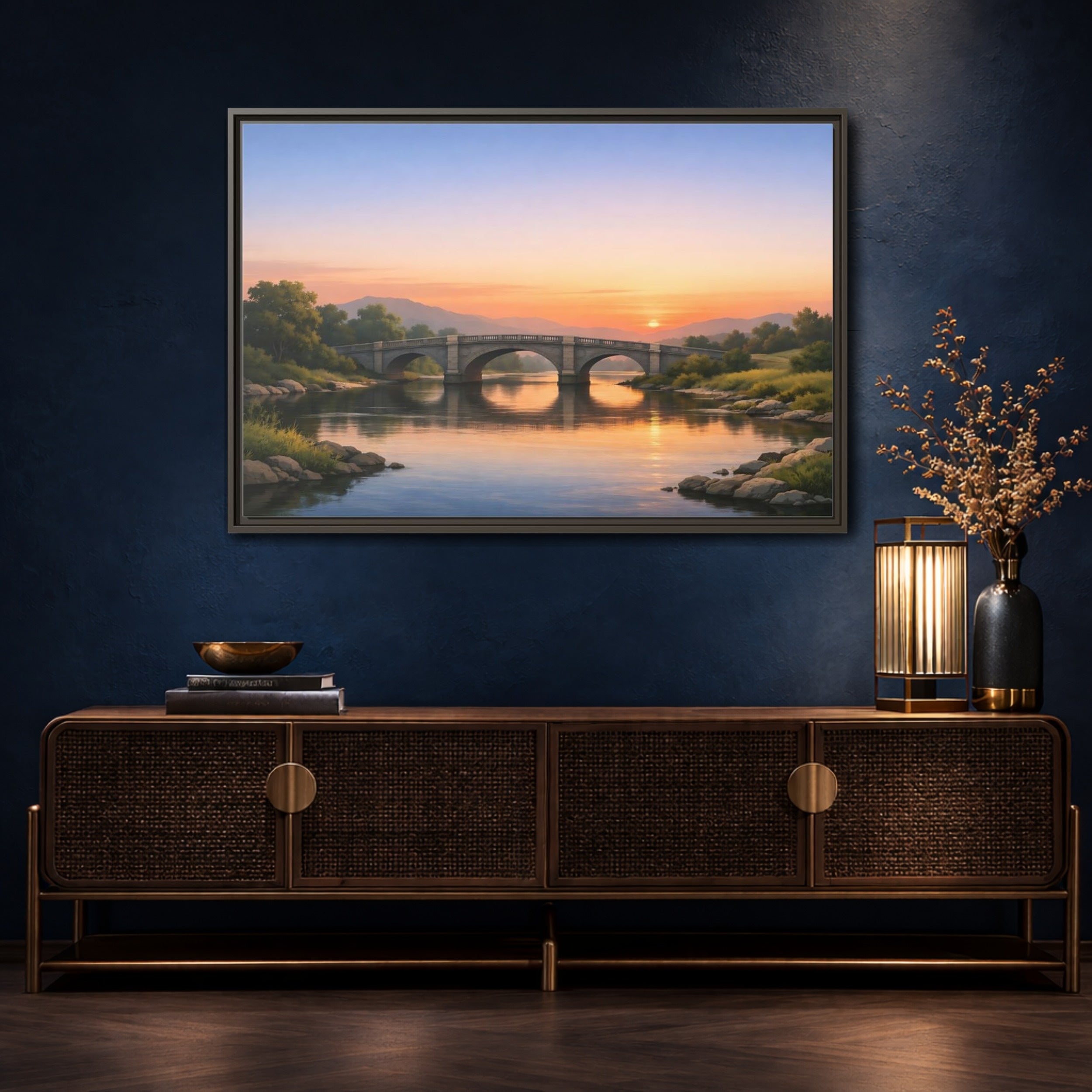 Mockup 4. Nature Stone Bridge Sunset Bridge River shown as stretched canvas wall art