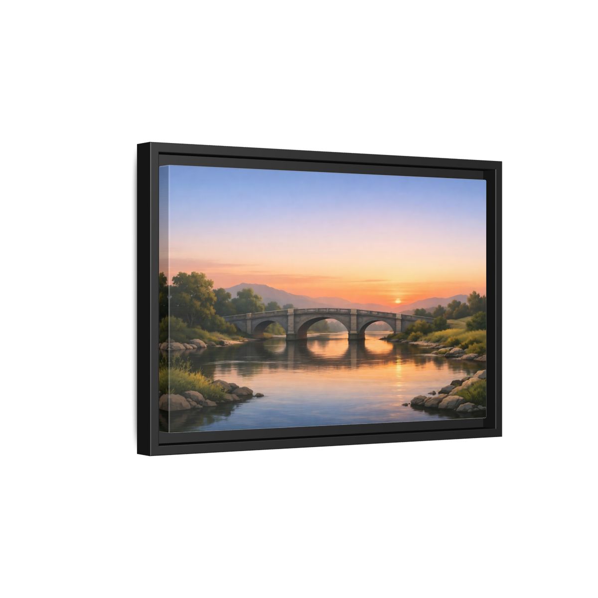 Side Mockup 6. Nature Stone Bridge Sunset Bridge River shown as stretched canvas wall art