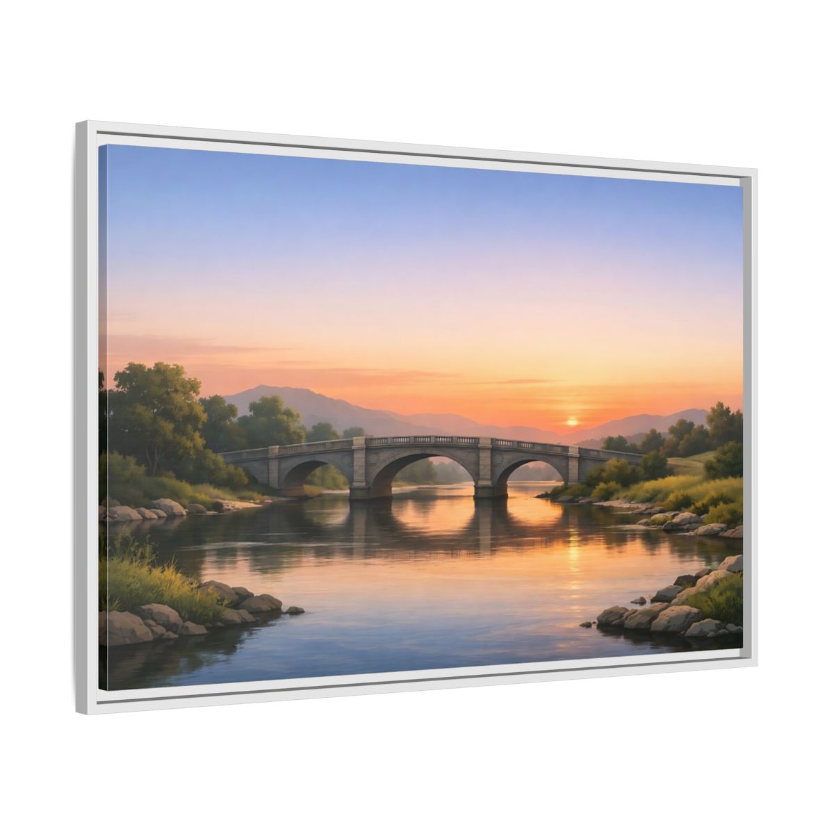 Side Mockup 9. Nature Stone Bridge Sunset Bridge River shown as stretched canvas wall art