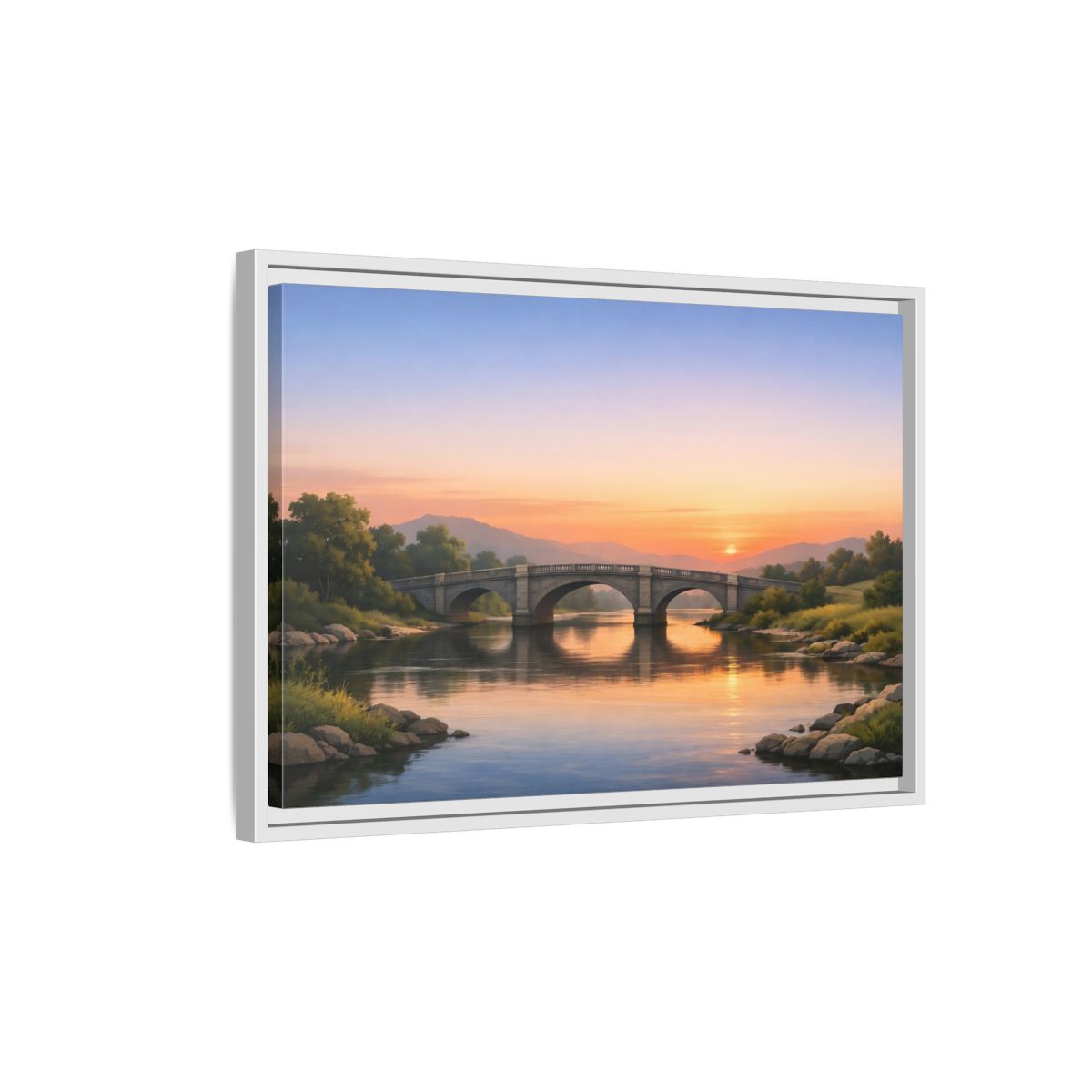 Side Mockup 1. Nature Stone Bridge Sunset Bridge River shown as stretched canvas wall art