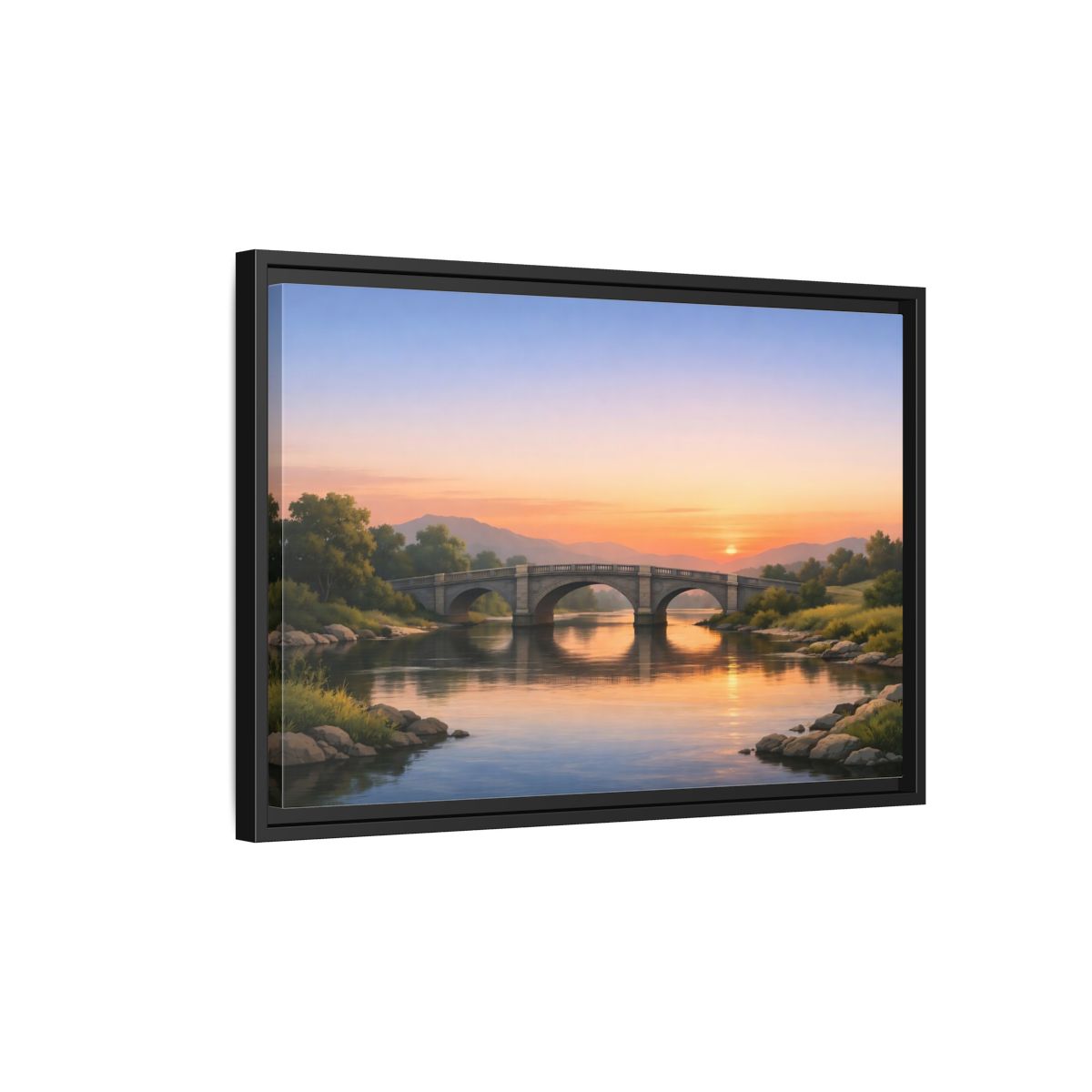 Side Mockup 3. Nature Stone Bridge Sunset Bridge River shown as stretched canvas wall art