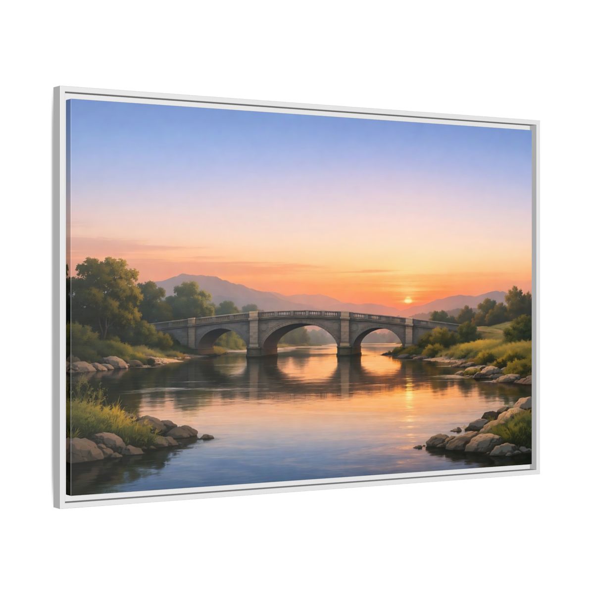 Side Mockup 7. Nature Stone Bridge Sunset Bridge River shown as stretched canvas wall art