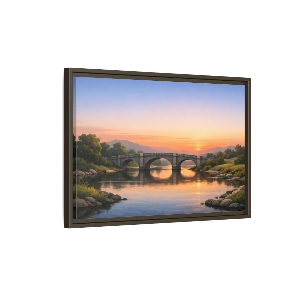 Side Mockup 2. Nature Stone Bridge Sunset Bridge River shown as stretched canvas wall art