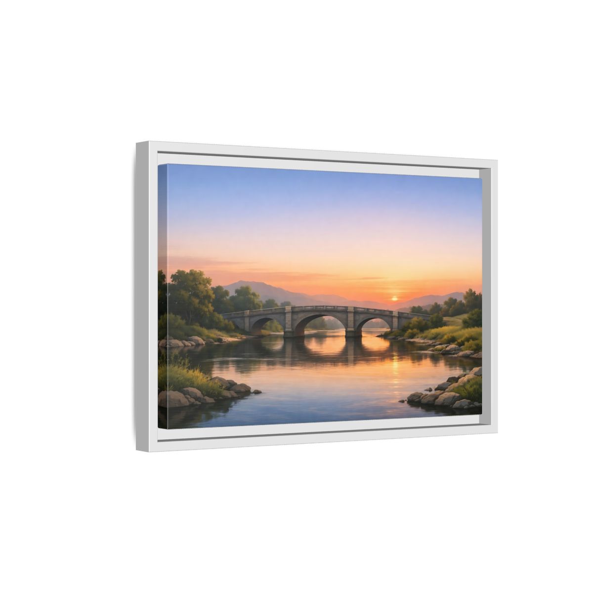 Side Mockup 4. Nature Stone Bridge Sunset Bridge River shown as stretched canvas wall art