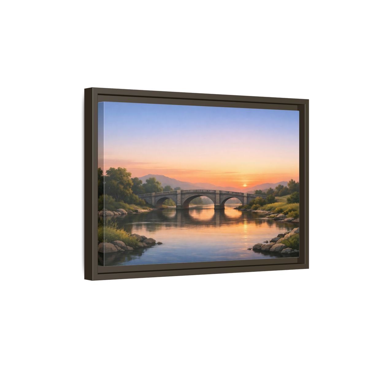 Side Mockup 5. Nature Stone Bridge Sunset Bridge River shown as stretched canvas wall art