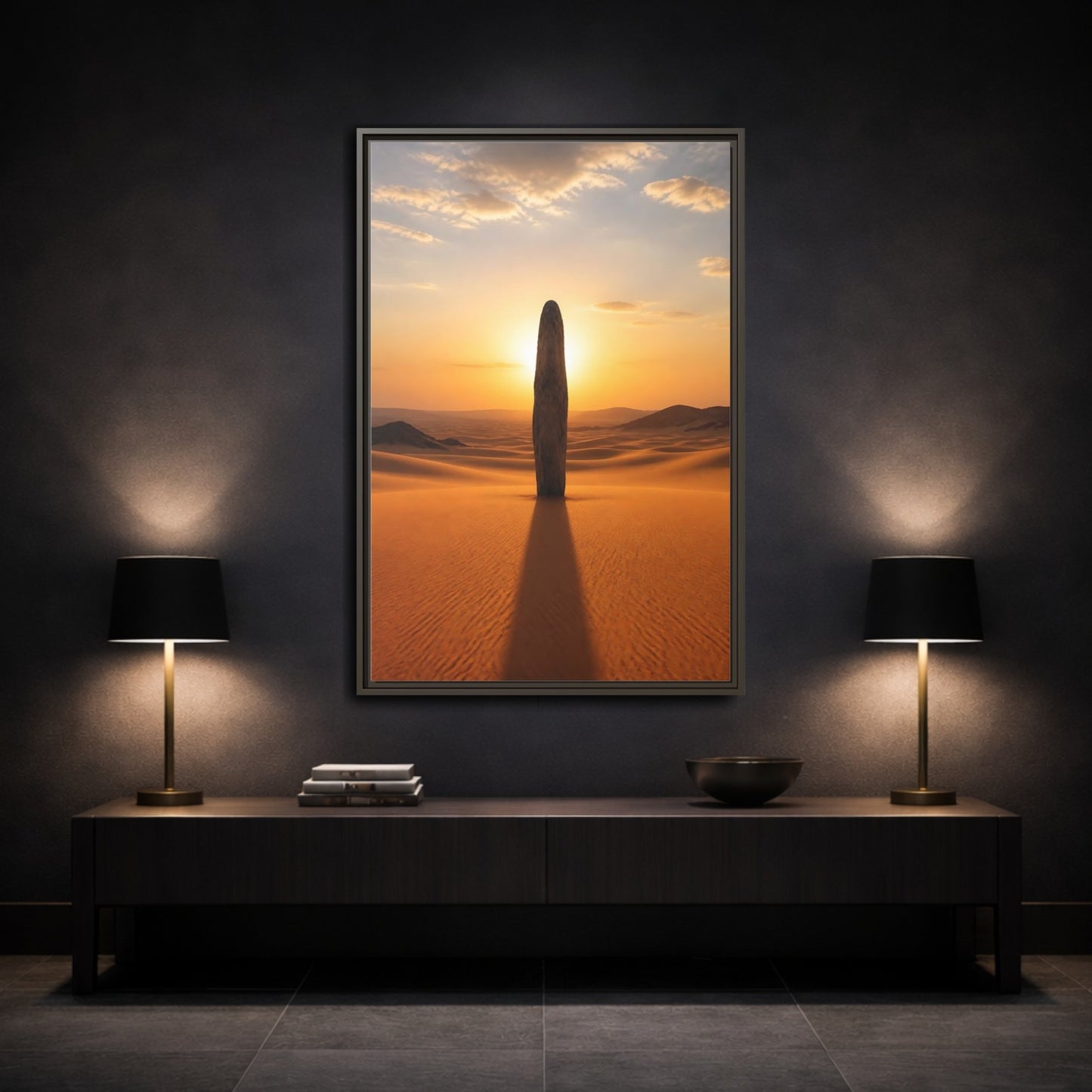 Mockup 3. Nature Stone Monolith Golden Desert shown as stretched canvas wall art