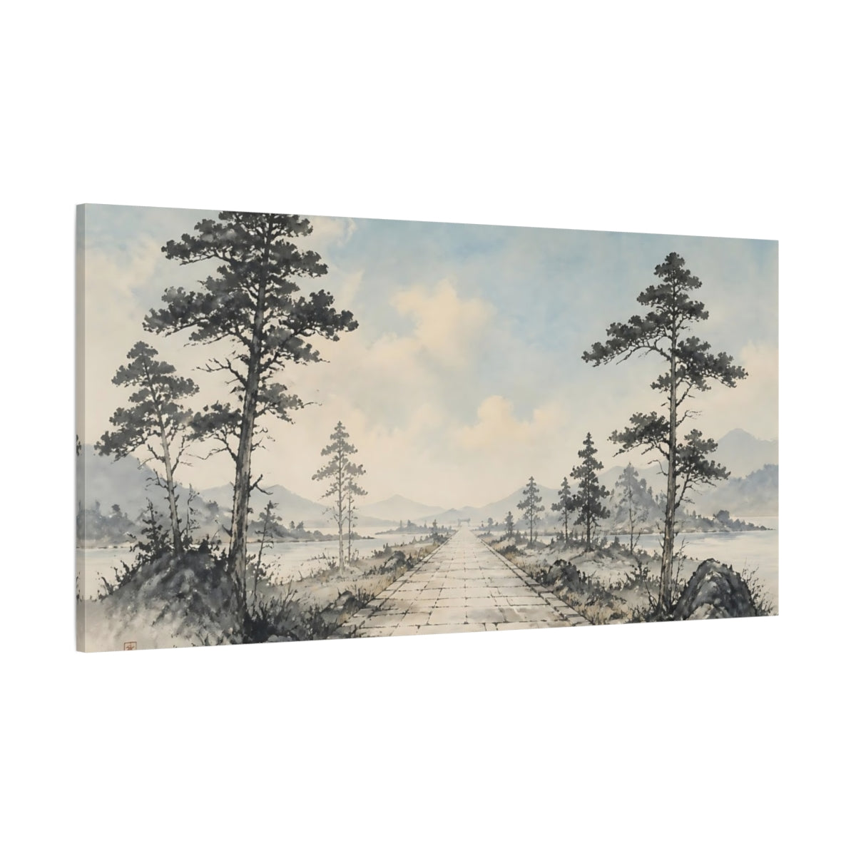 Side Mockup 2. Nature Stone Path Muted Landscape shown as stretched canvas wall art