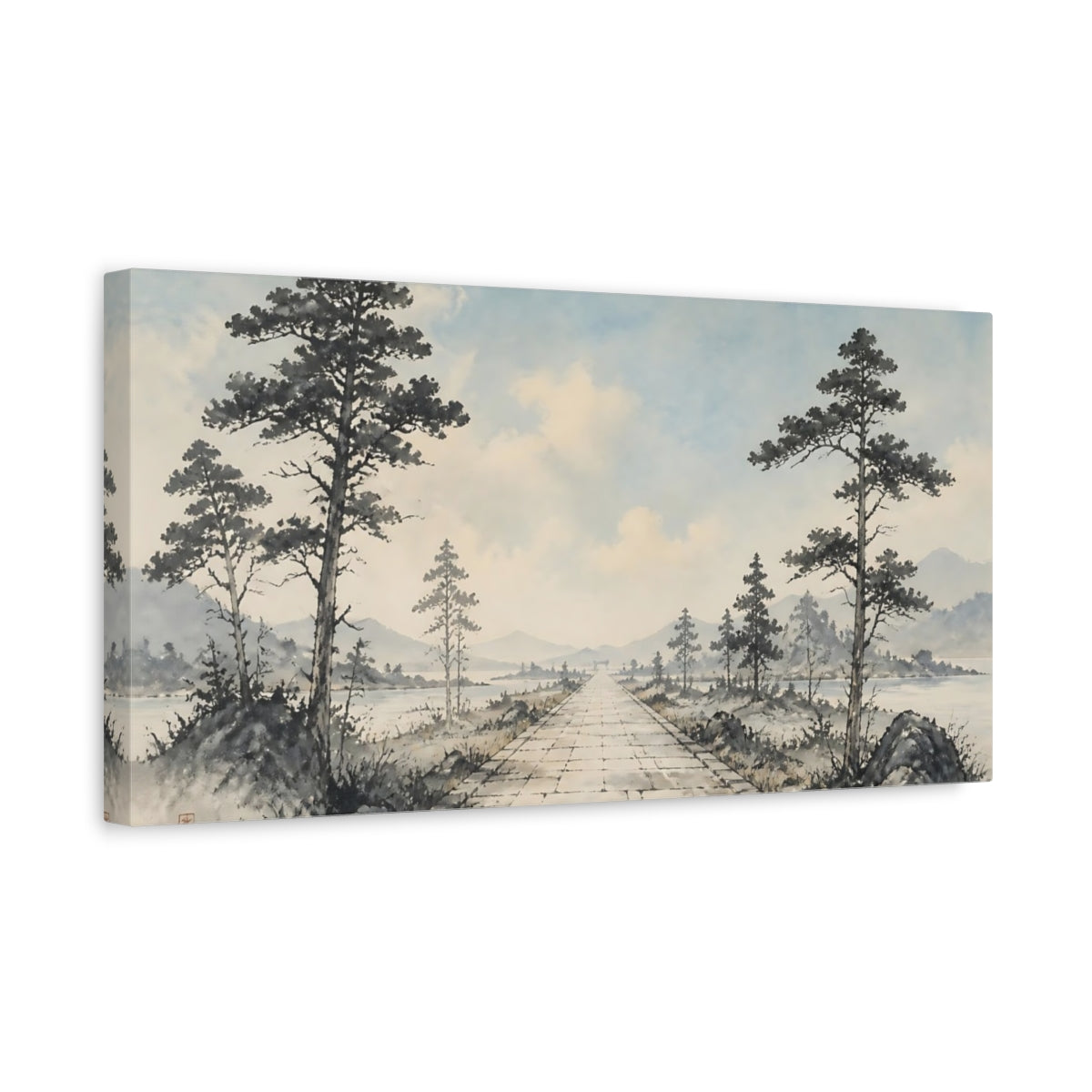 Side Mockup 3. Nature Stone Path Muted Landscape shown as stretched canvas wall art
