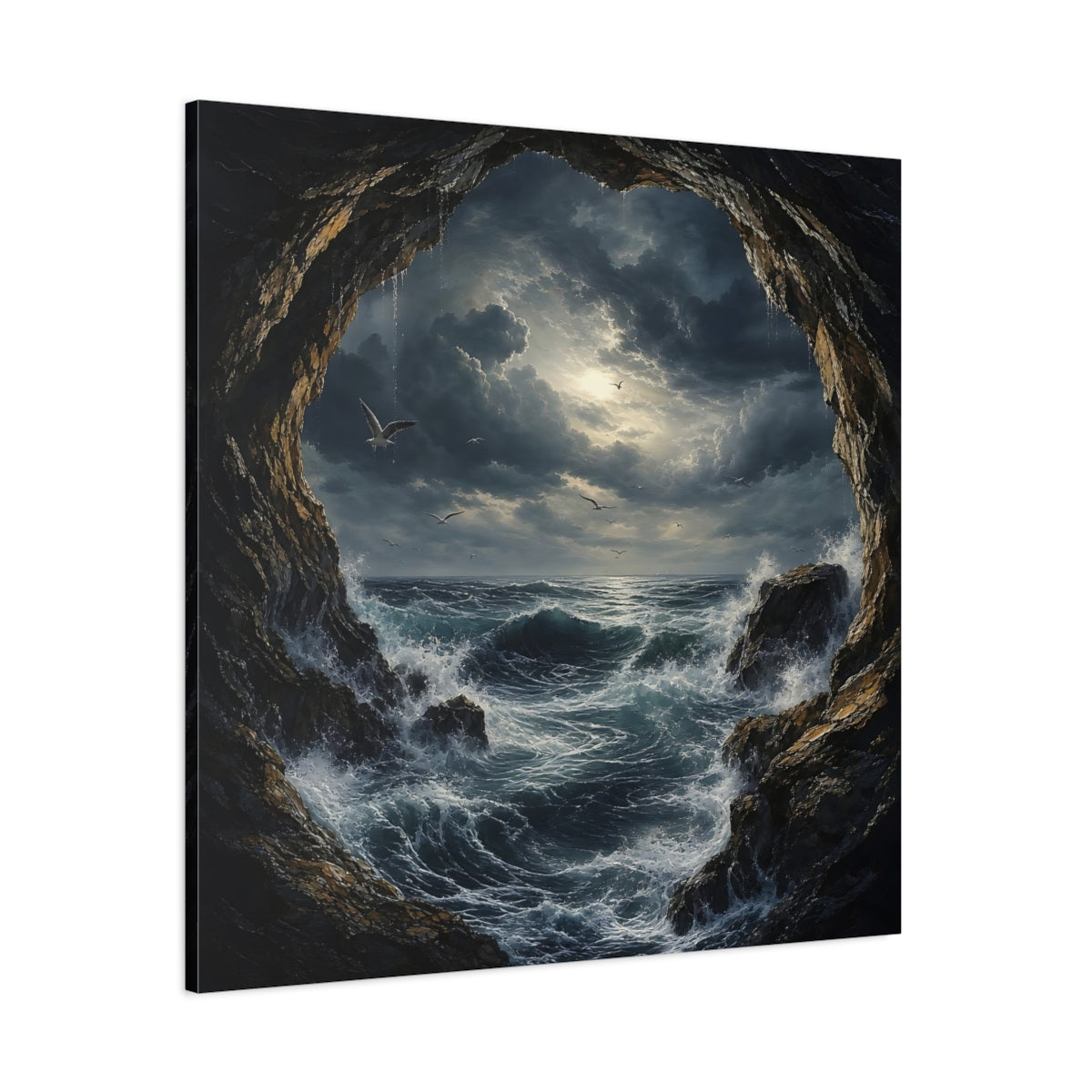 Side Mockup 1. Nature Stormy Sea Dark Seascape shown as stretched canvas wall art