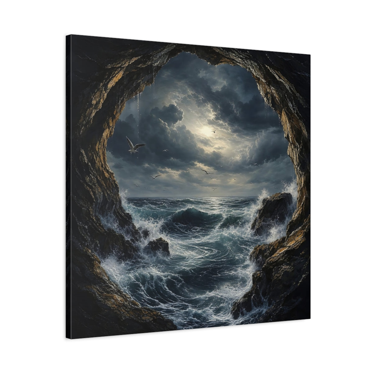 Side Mockup 3. Nature Stormy Sea Dark Seascape shown as stretched canvas wall art