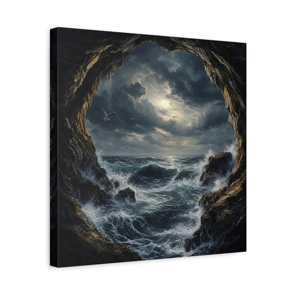 Side Mockup 6. Nature Stormy Sea Dark Seascape shown as stretched canvas wall art