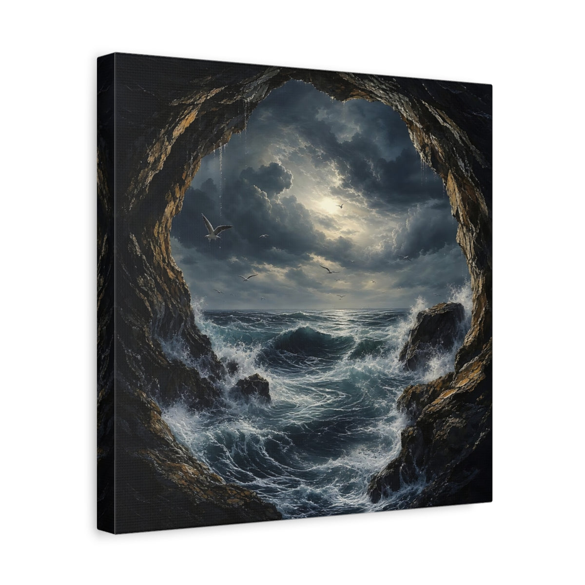 Side Mockup 7. Nature Stormy Sea Dark Seascape shown as stretched canvas wall art