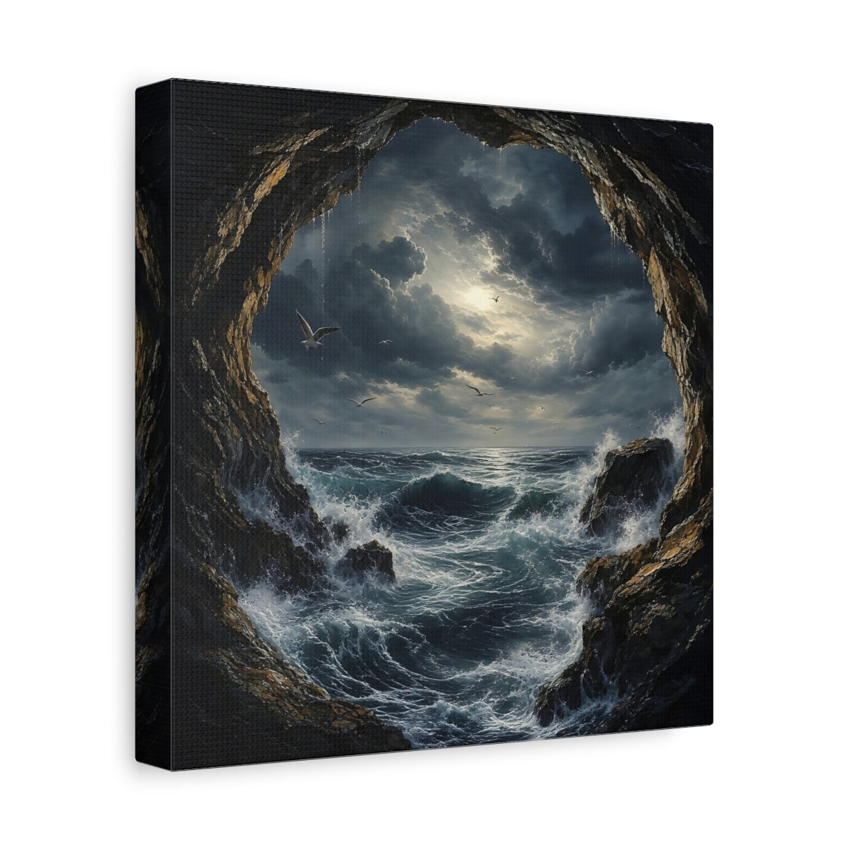 Side Mockup 9. Nature Stormy Sea Dark Seascape shown as stretched canvas wall art