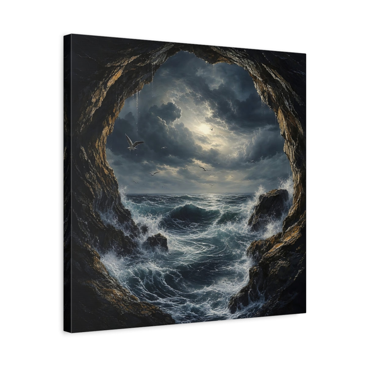 Side Mockup 5. Nature Stormy Sea Dark Seascape shown as stretched canvas wall art