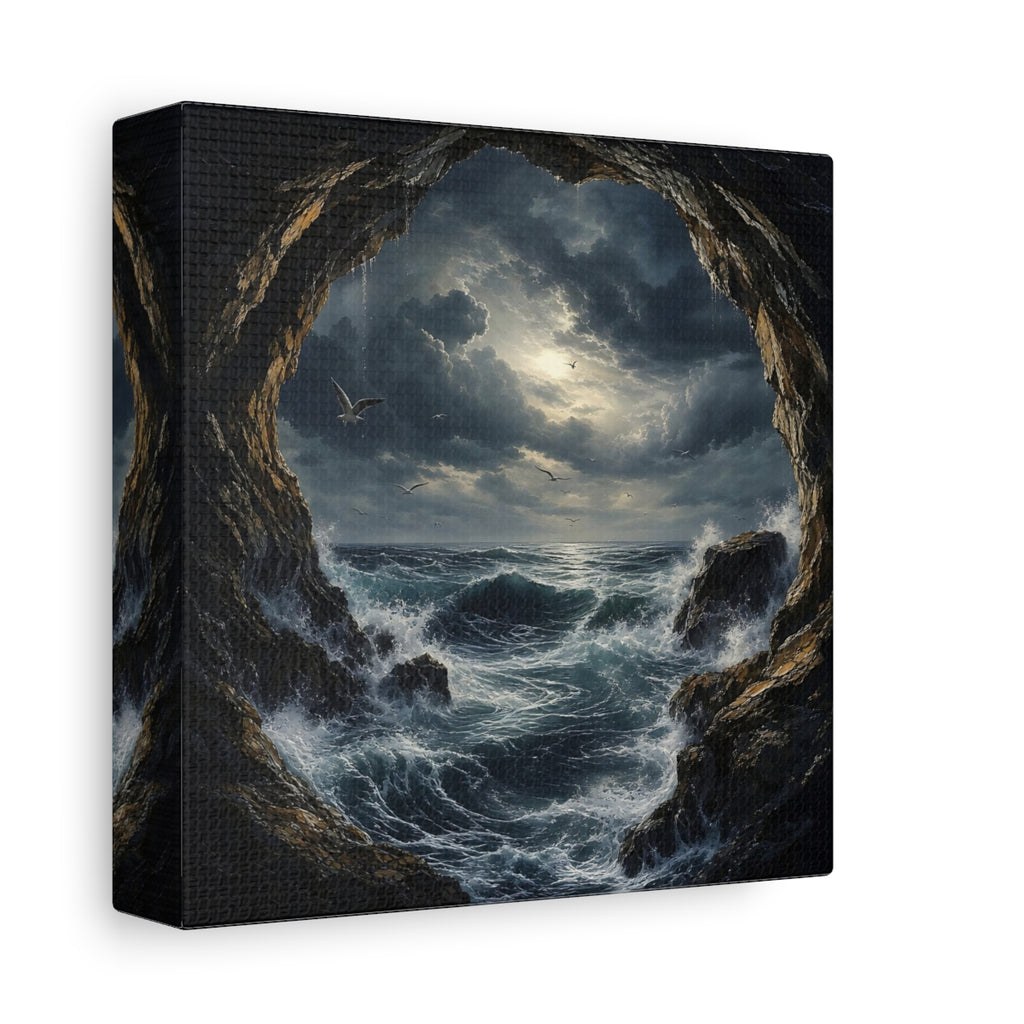 Side Mockup 2. Nature Stormy Sea Dark Seascape shown as stretched canvas wall art