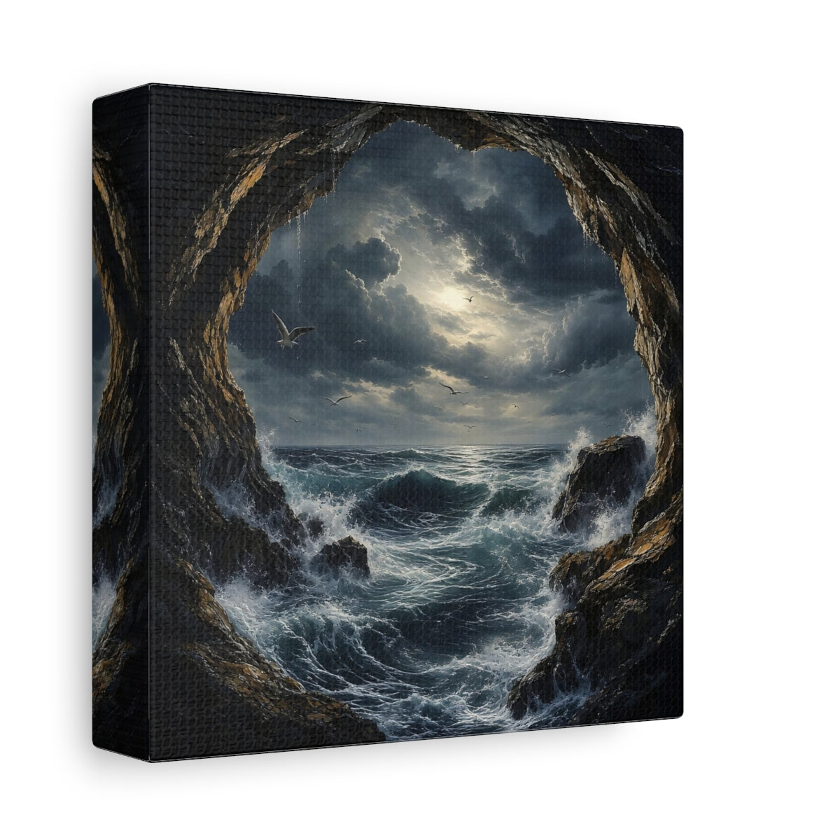Side Mockup 2. Nature Stormy Sea Dark Seascape shown as stretched canvas wall art