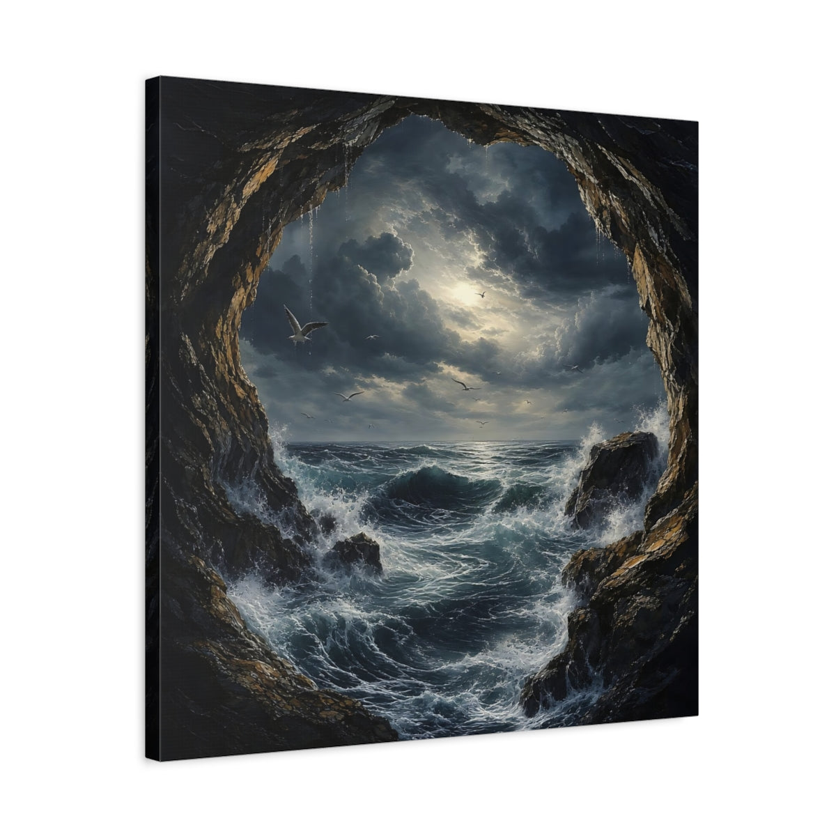 Side Mockup 4. Nature Stormy Sea Dark Seascape shown as stretched canvas wall art