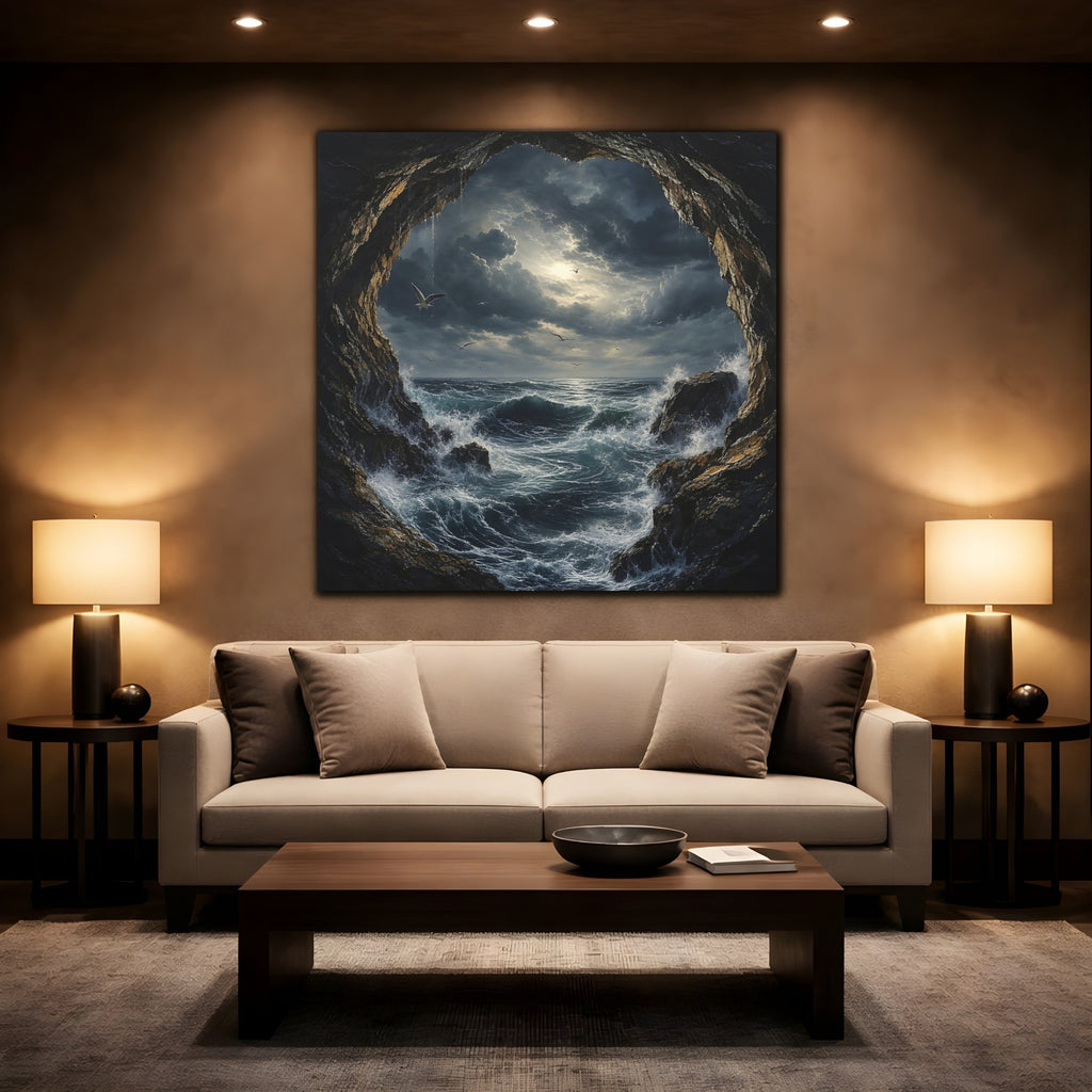 Mockup 2. Nature Stormy Sea Dark Seascape shown as stretched canvas wall art