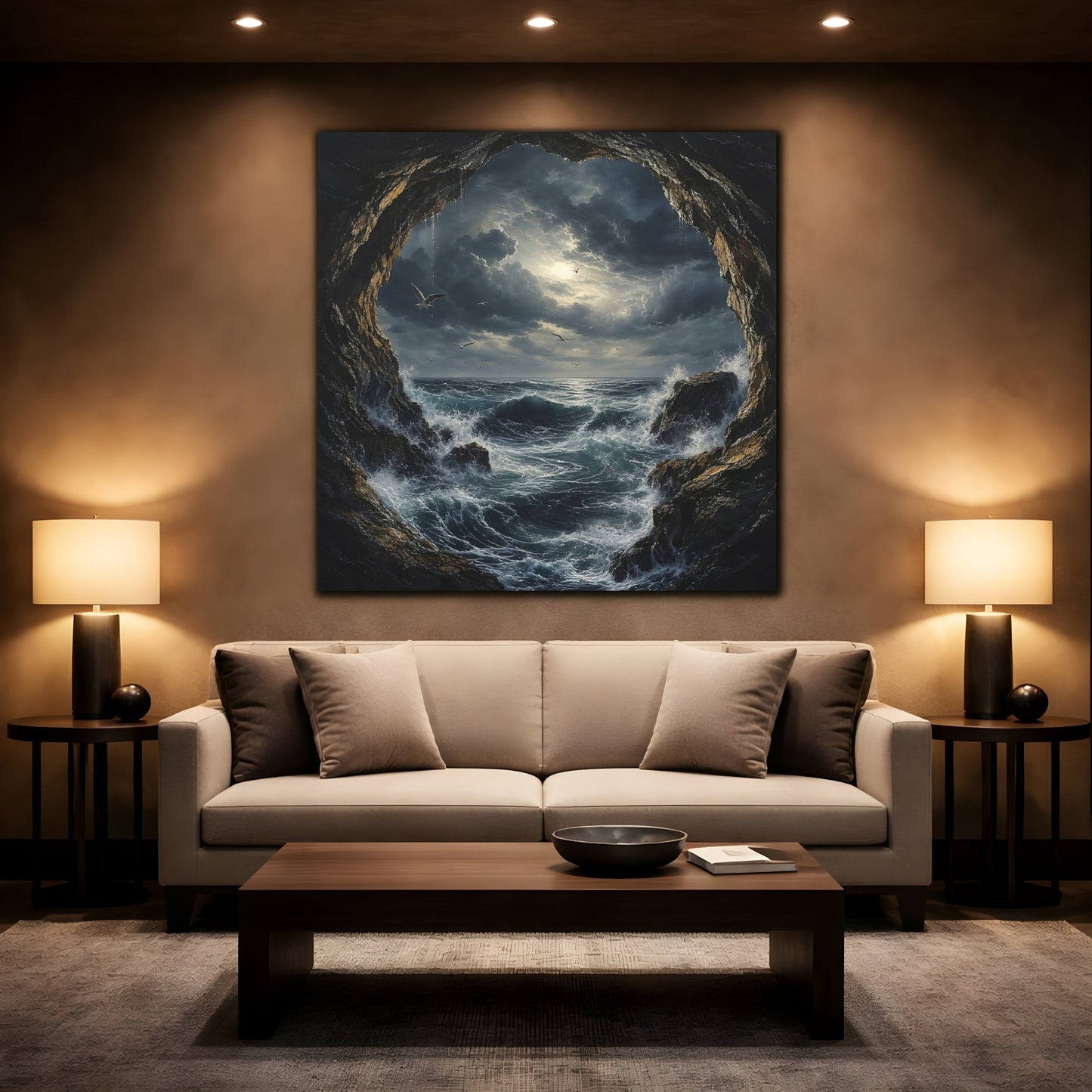 Mockup 2. Nature Stormy Sea Dark Seascape shown as stretched canvas wall art
