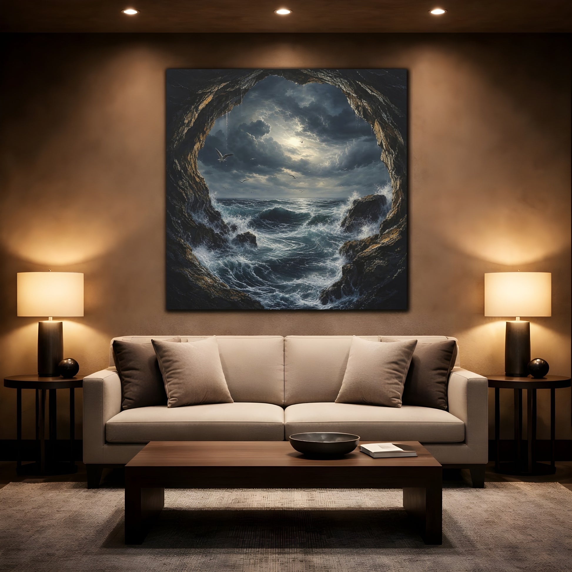 Mockup 2. Nature Stormy Sea Dark Seascape shown as stretched canvas wall art