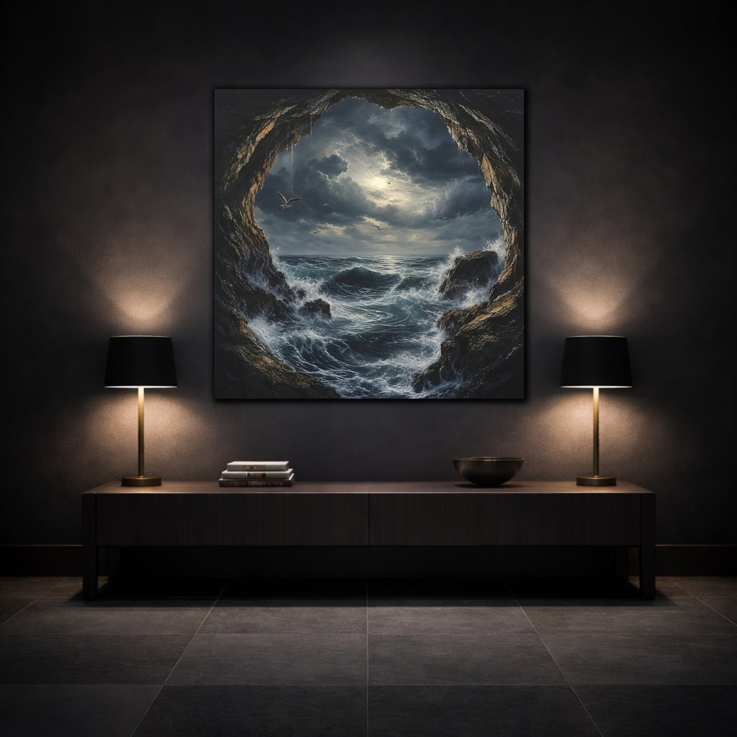 Mockup 3. Nature Stormy Sea Dark Seascape shown as stretched canvas wall art