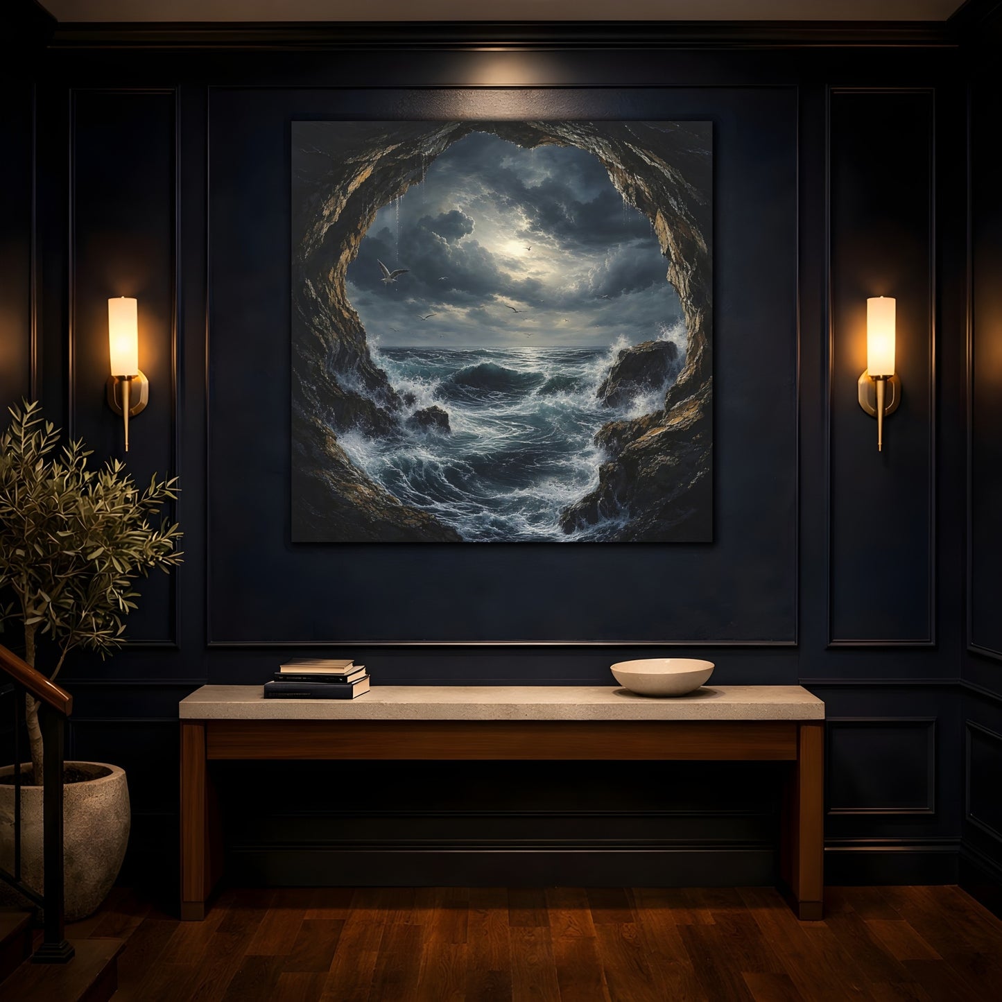 Mockup 4. Nature Stormy Sea Dark Seascape shown as stretched canvas wall art