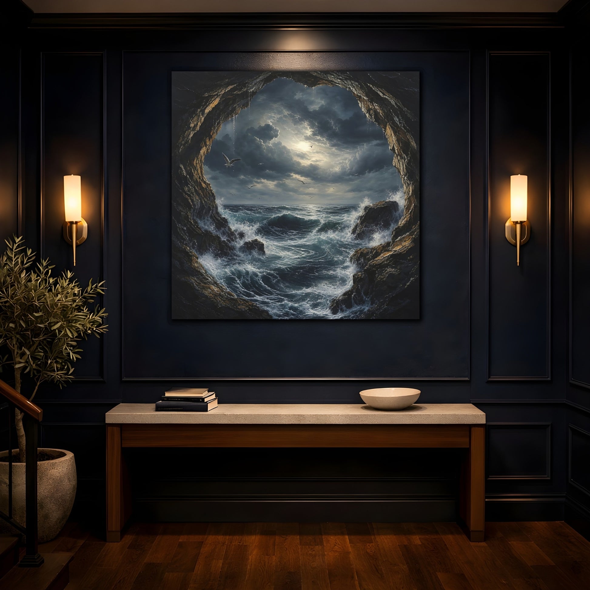 Mockup 4. Nature Stormy Sea Dark Seascape shown as stretched canvas wall art