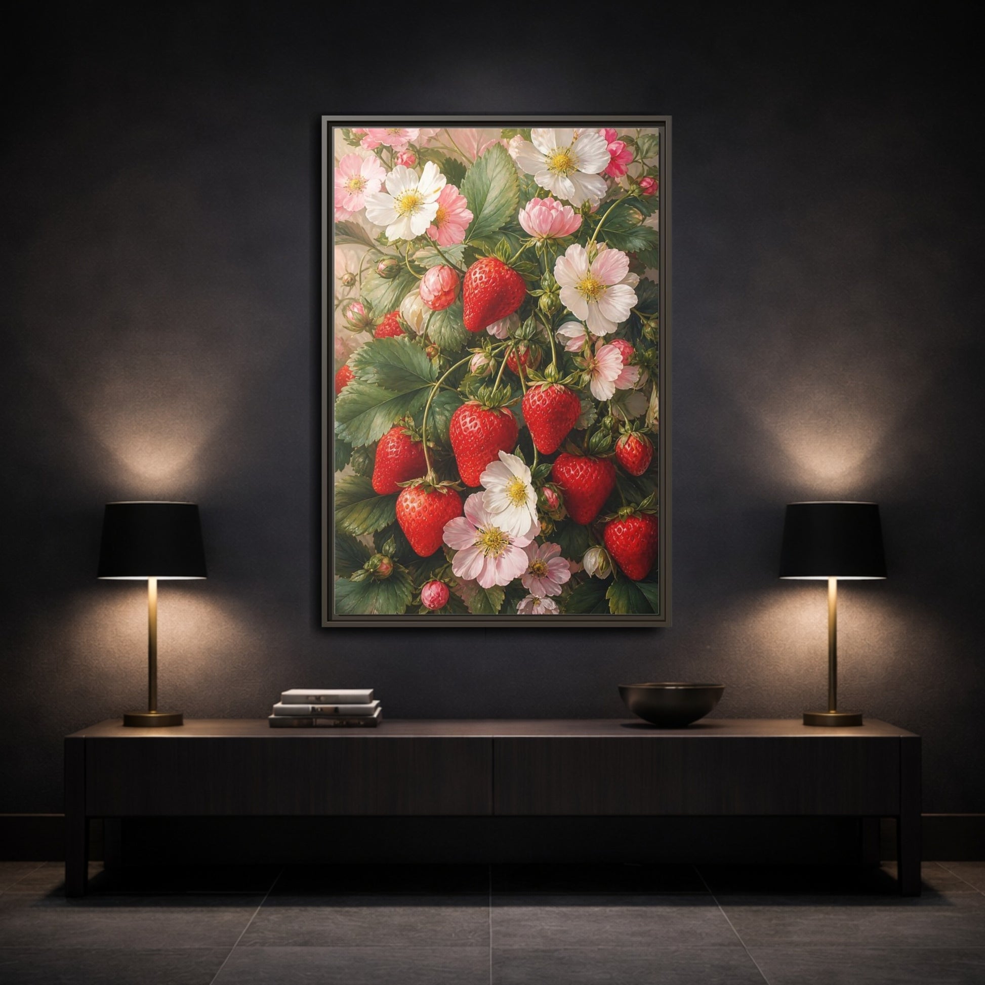 Mockup 3. Nature Strawberries Red Strawberries Floral shown as stretched canvas wall art