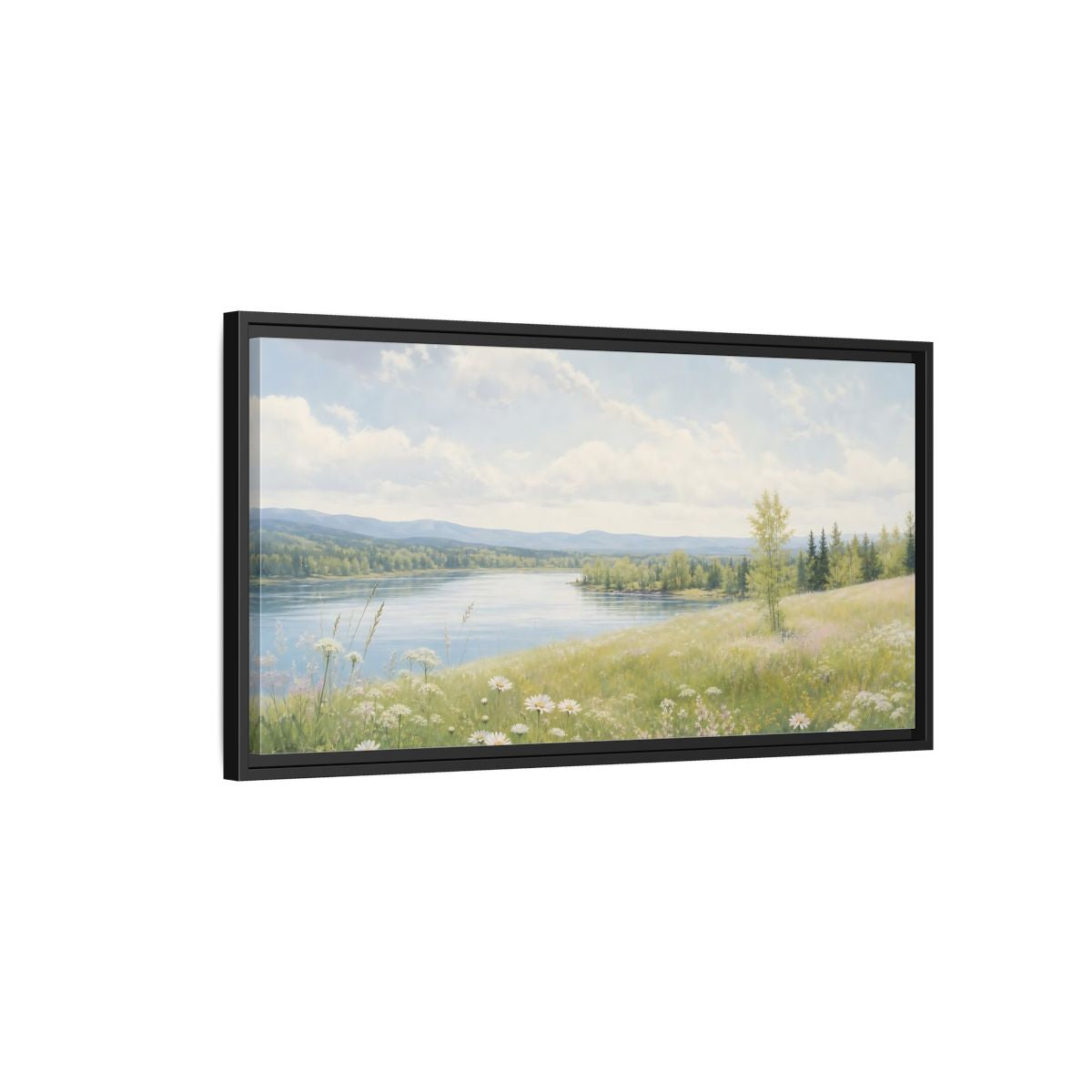 Side Mockup 2. Nature Summer Landscape Green And Blue Landscape shown as stretched canvas wall art