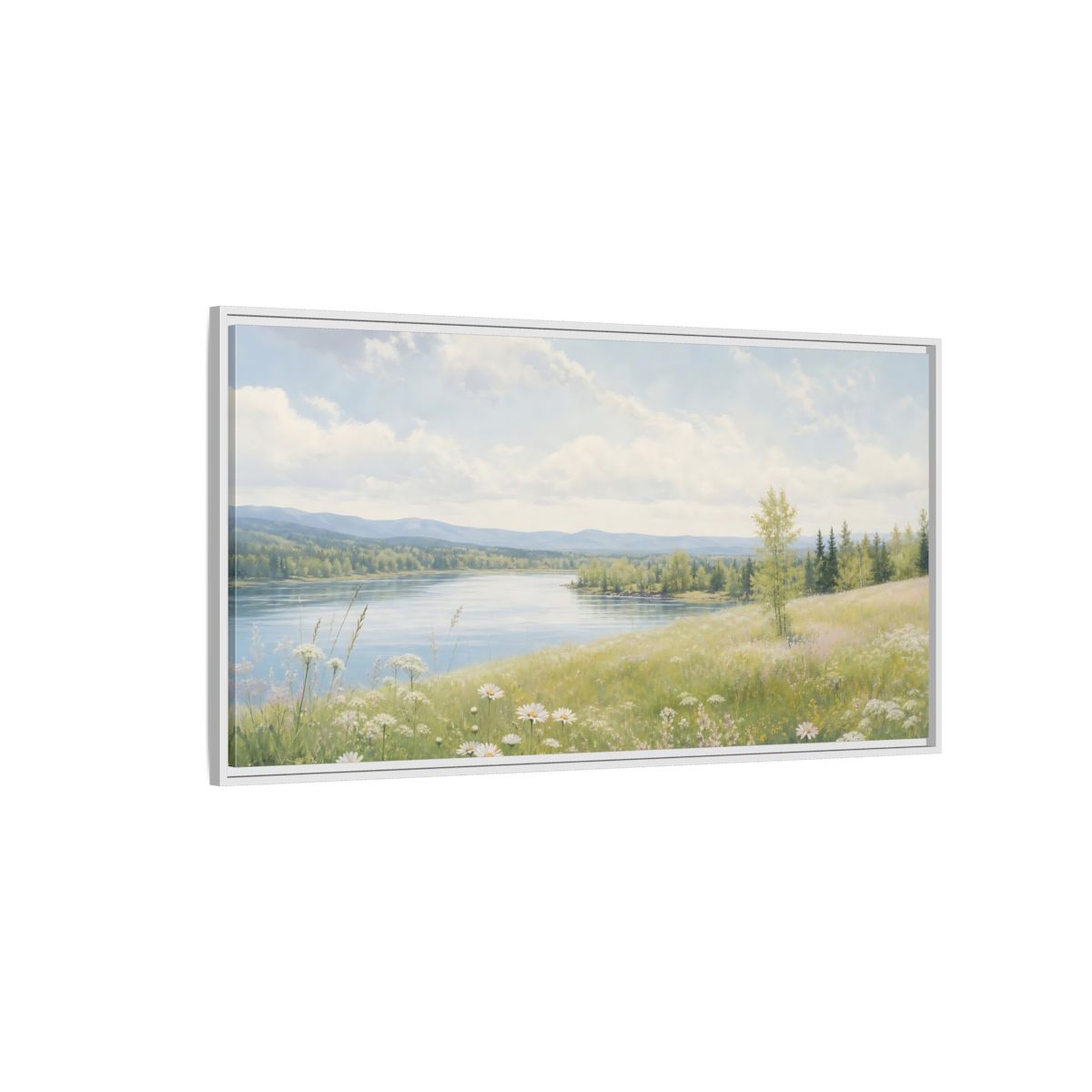 Side Mockup 3. Nature Summer Landscape Green And Blue Landscape shown as stretched canvas wall art