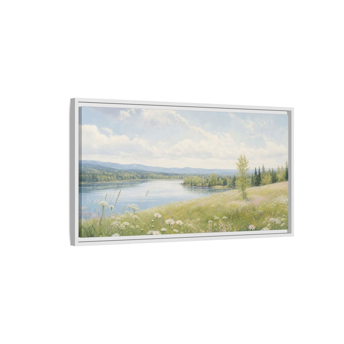 Side Mockup 1. Nature Summer Landscape Green And Blue Landscape shown as stretched canvas wall art